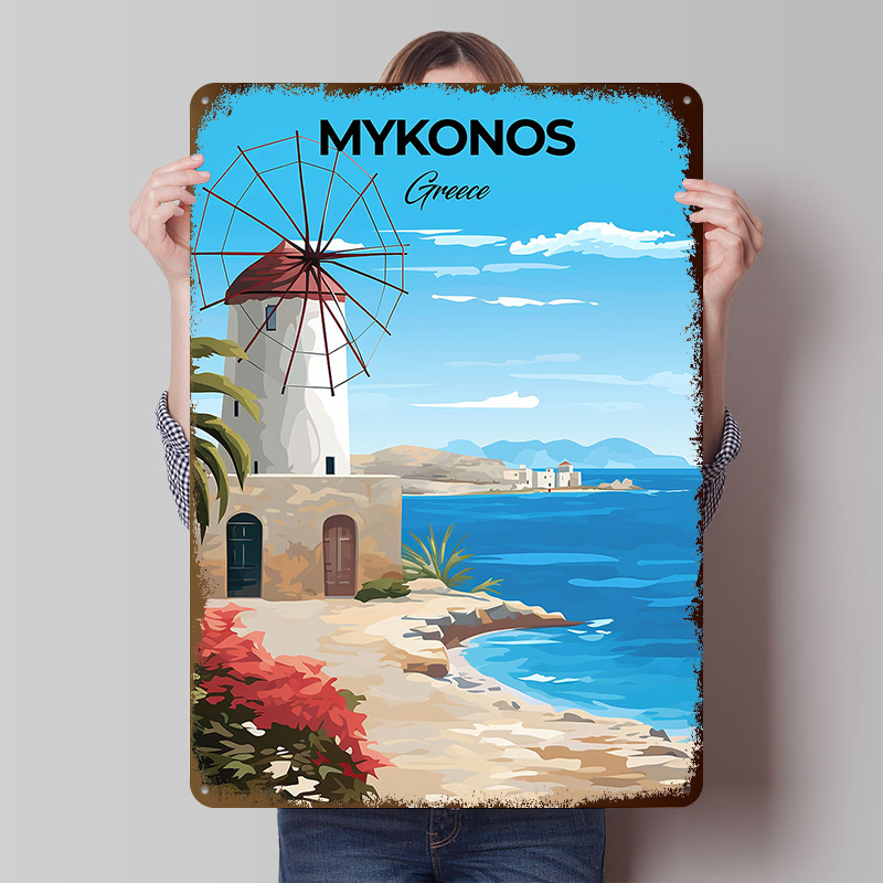Travel Accessories Greece - Mykonos Griekenland Reisposter Aangepaste vintage metalen