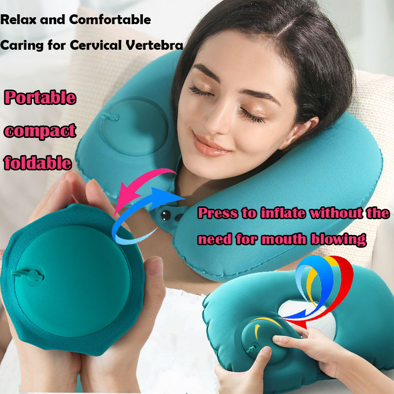 Travel Pillow Inflatable - Draagbaar opblaasbaar nekkussen met flocking, opbergbaar
